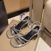 Fashion Lazyseal Straps Women Heels Sandals Buckle Silver Solid Color Sexy Summer Shoes for Woman 2025 New Fashion Party Shoes