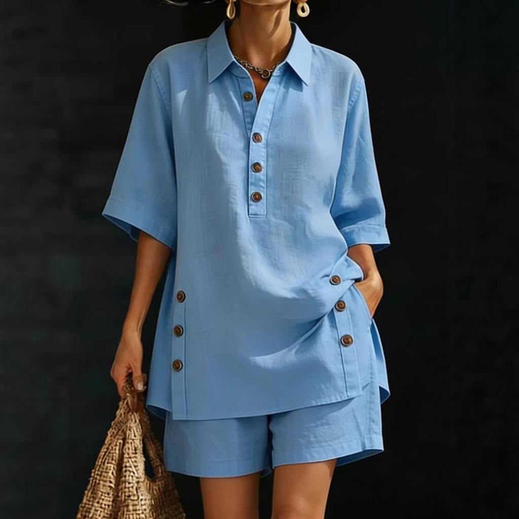 A New Two-Piece Outfit for Women Featuring a Short-Sleeved Shirt And Loose-Fitting Trousers for The Spring/Summer Season