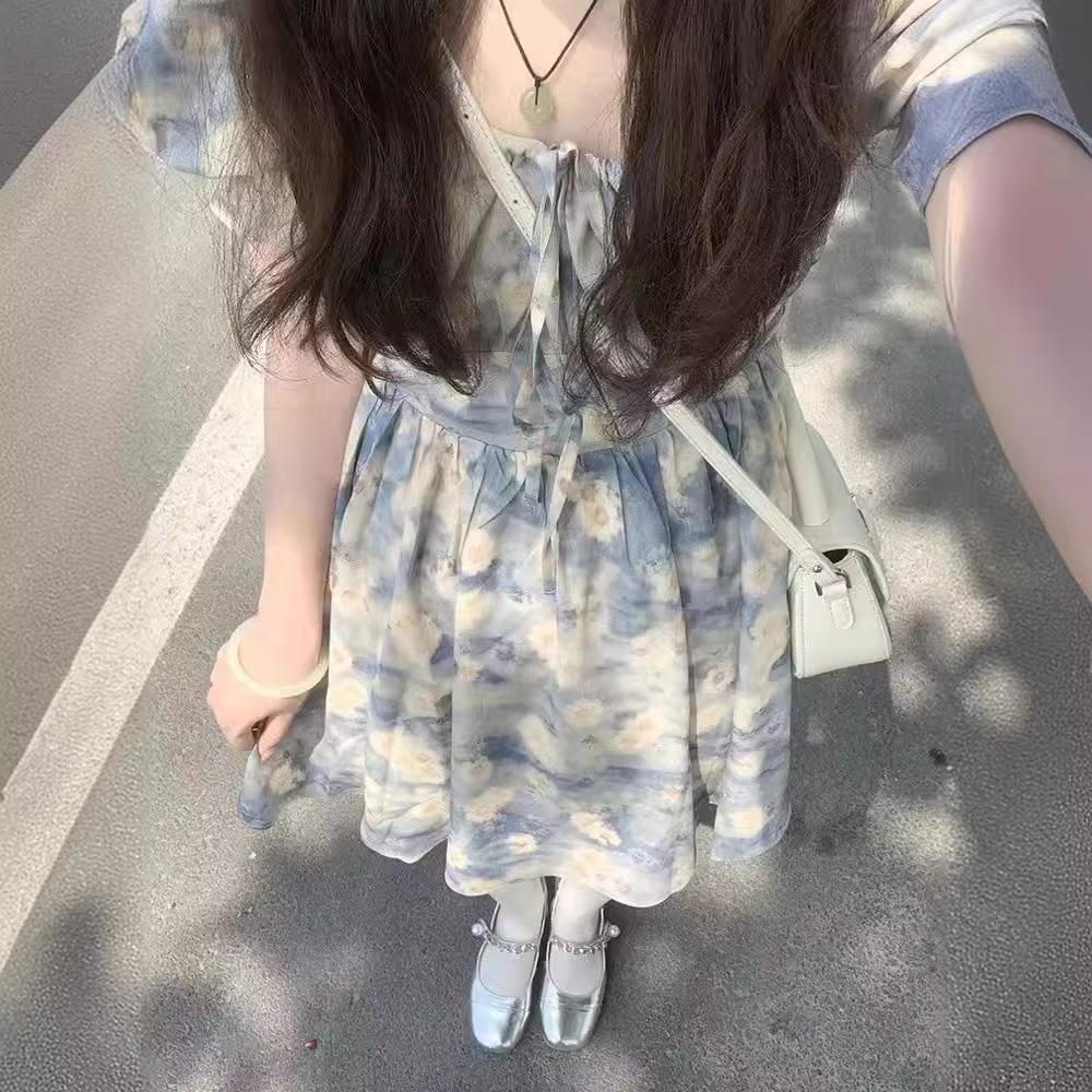 French Square Neck Puff Sleeve Floral Dress - Summer 2024 Waist-Slimming A-Line Skirt for Women