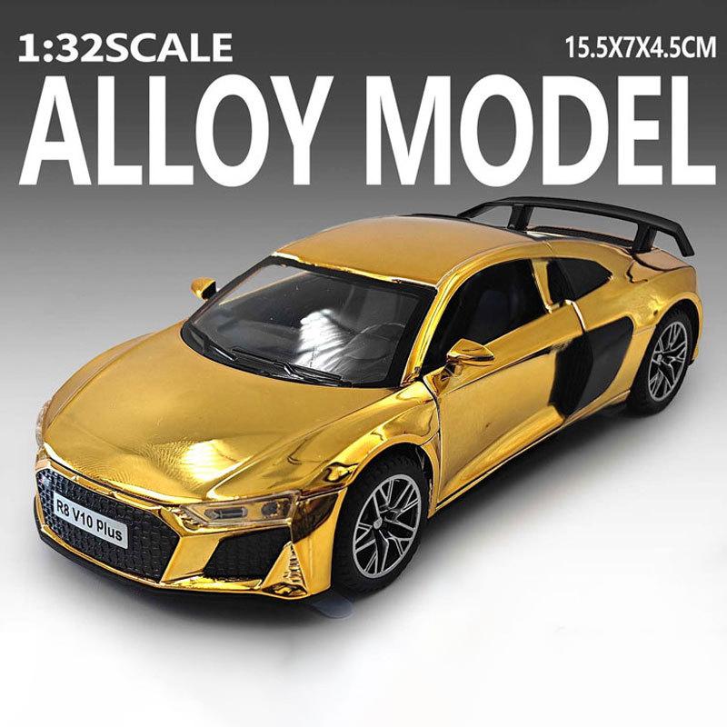 1:32 R8V10 RS6 Sports Car Toy Model Alloy Body Rubber Tires Models Sound Light Pull Back Supercar Collection Gifts for Children