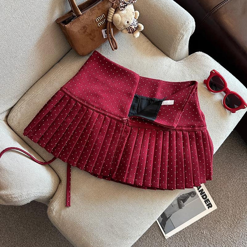 Women's Polka Dot A-Line Pleated Skirt with Bow Tie - Petite Christmas Red