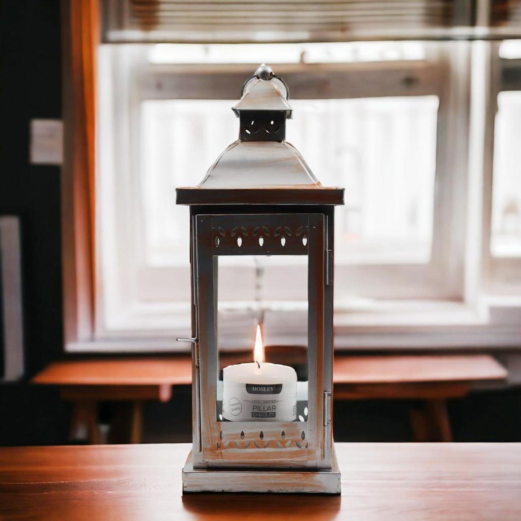 Glass Iron Lantern with One Pillar Candle|Silver Hanging Lantern|Lantern for Home Decoration|Candle Holders for Home Decor|