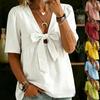 Summer New Women's V-neck Fashion Short-sleeve Casual Loose T-shirt with Front Tie Bow