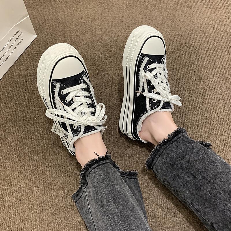 Baotou canvas half slippers women's summer wear 2025 new thick-soled heightening casual lace-up lazy little white cool slippers