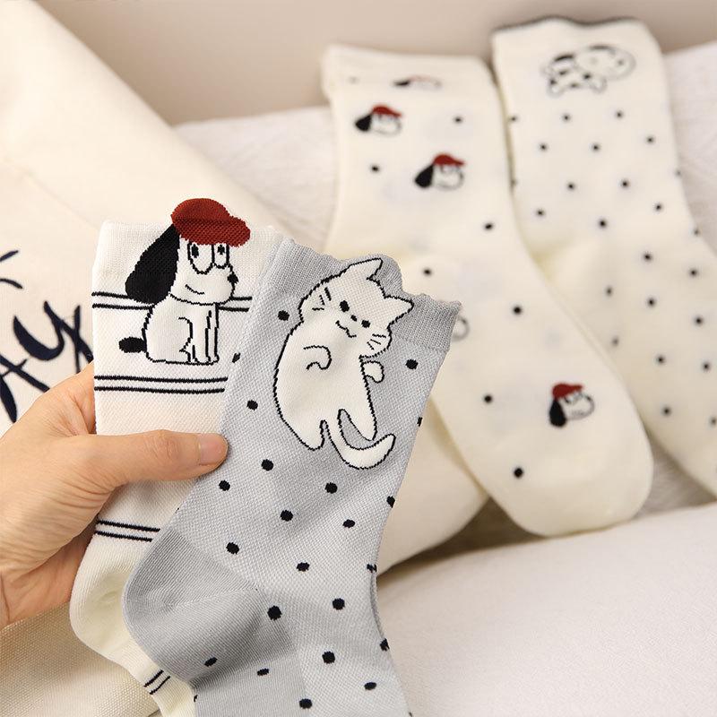 Dongdaemun Cartoon Puppy Mid-Tube Socks For Women, Breathable Thin Boneless With Small Leather Shoes And Cotton Socks
