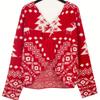 V-neck Double-sided Irregular Smock Sweater, Backless and Off-the-shoulder Christmas Snowflake Pattern Long-sleeved Women's Top