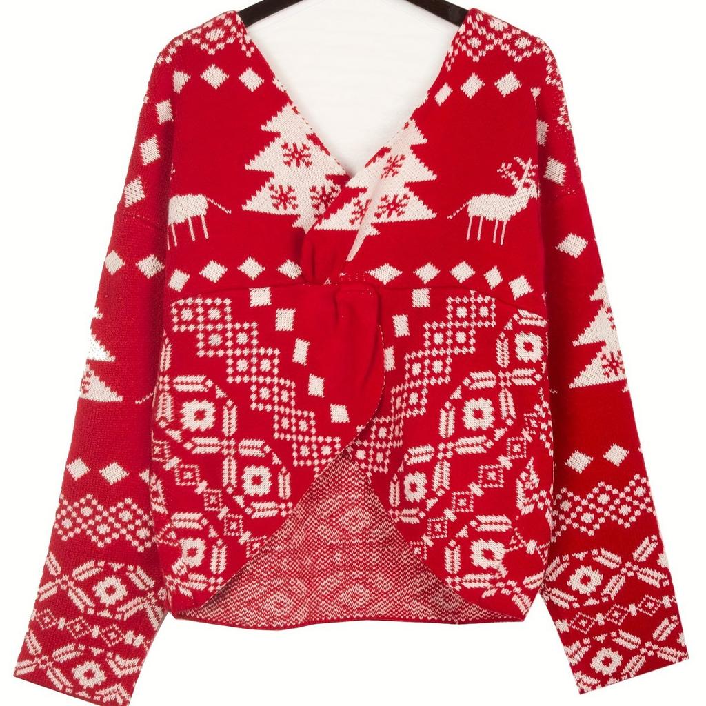 V-neck Double-sided Irregular Smock Sweater, Backless and Off-the-shoulder Christmas Snowflake Pattern Long-sleeved Women's Top