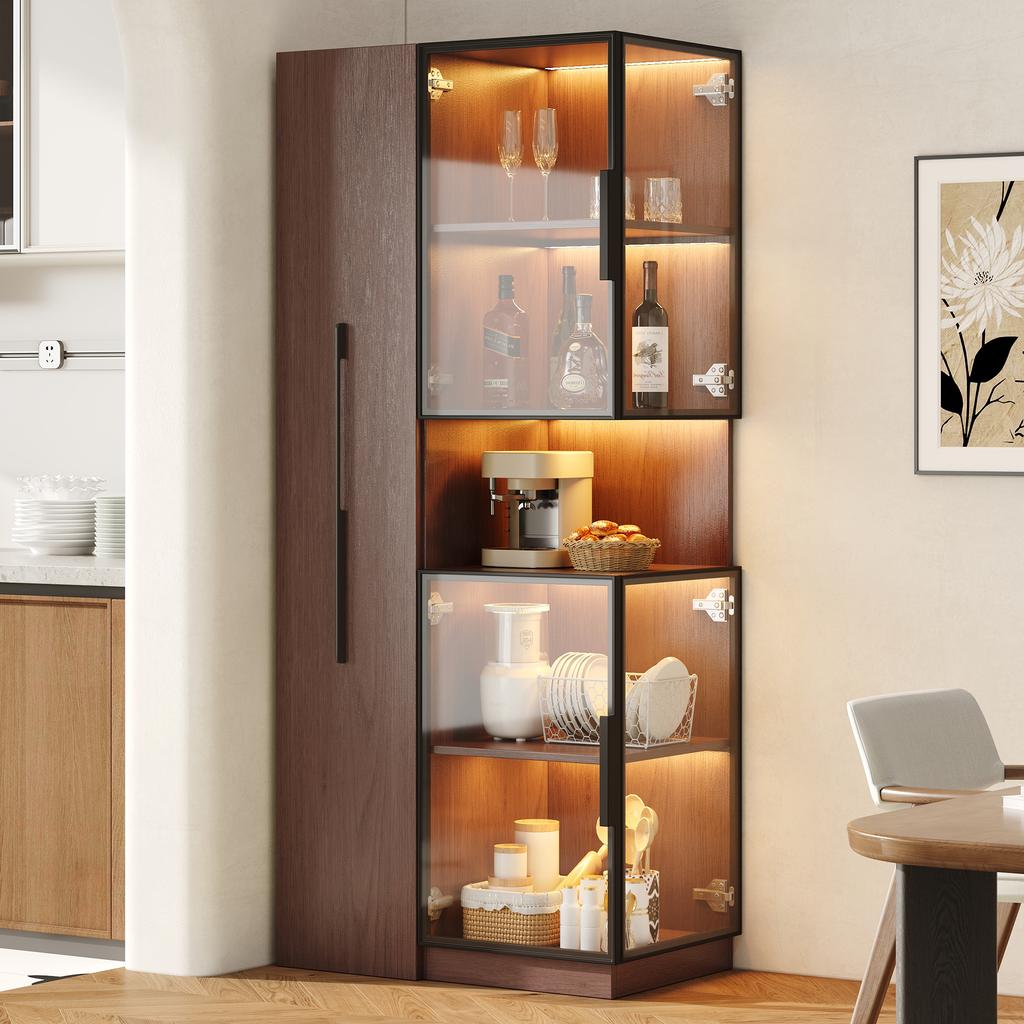 Display Cabinet 70×38×160 Cm with Pull-out Shelf – Double-glass Floor Display Case LED, MDF Cabinet Walnut, for Living Room, Dining Room, Kitchen