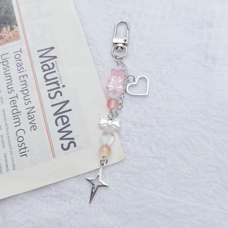 Beaded Wrist Strap Cross Pendant Keyring Hollow Heart Bead Wrist Strap Y2k