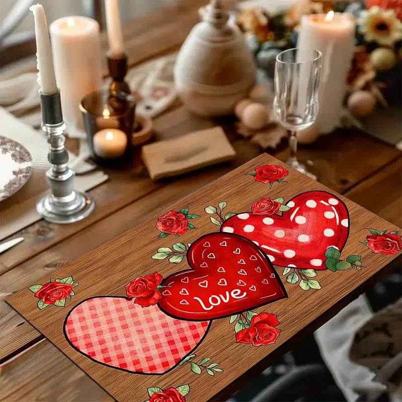 1/2/4/6pcspcs Valentine's Day Placemats Suitable for Party, Elegant Heart & Table Settings, Durable Polyester Square Placemats, Hand Wash Only