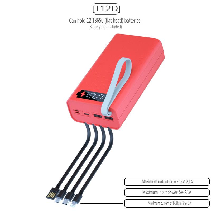 T12D 18650 DIY Power Bank Base with Type C Micro USB Cable Flashlight Fast Power Bank Case 18650 Battery Holder Charging Box Shell