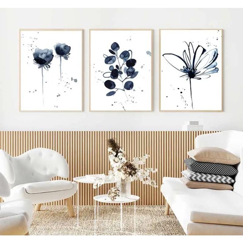 Watercolor Flower Poster Abstract Ink Blue Leaf Wall Painting Art On Canvas Modern Minimalist Image  Mural Roomdecoration