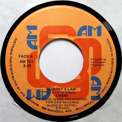 Disque 7 pouces CHERI - Murphy's Law AM701 6 A.M. Disques 1982 Canada Danse & Électronique Occasion