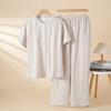 Women Cotton Thin Short Sleeve Long Pants Round Neck Casual Pajama Set Homewear