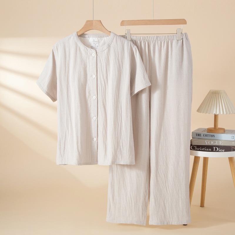 Women Cotton Thin Short Sleeve Long Pants Round Neck Casual Pajama Set Homewear