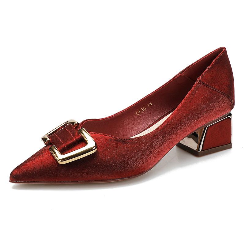 Coarse heel single shoes women's middle heel square heel new light mouth satin gentle shoes red wedding shoes pointed high heels