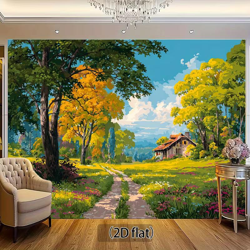 

2D Fall Meadow Cottage Backdrop Oil Painting Nature Scenery Photography Background 47.2x31.5inch/120*80cm