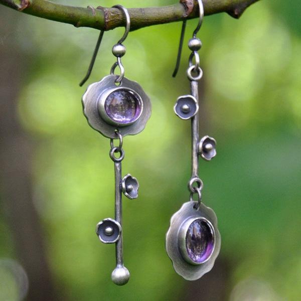 

Bohemian Asymmetrical Moonstone Long Earrings Female Personality Retro Carved Flower Plants Pattern Drop Earrings Simple Gift