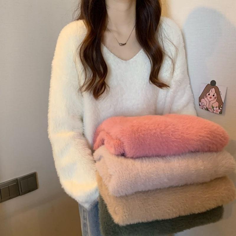 Autumn Winter V Neck Long Sleeve Pullover Women Sweater Female Solid Color Loose Office Knitted Tops Fashion Elegant Simple Clothing
