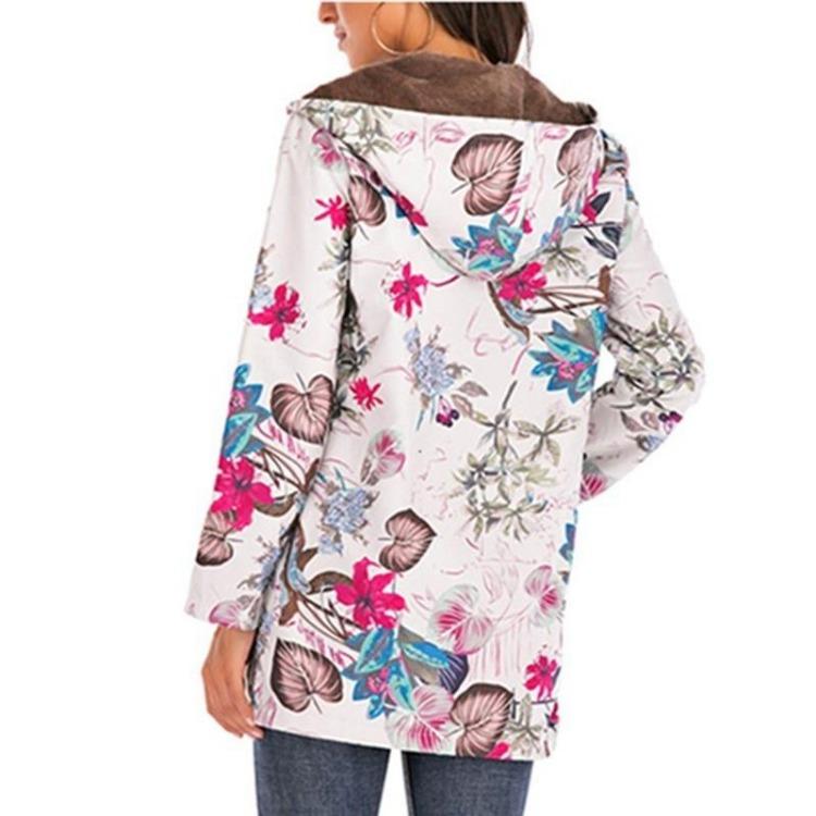 New Women Retro Wool Jacket Slim Casual Long Sleeve Warm Hoodie with Pocket Flower Design Fashion