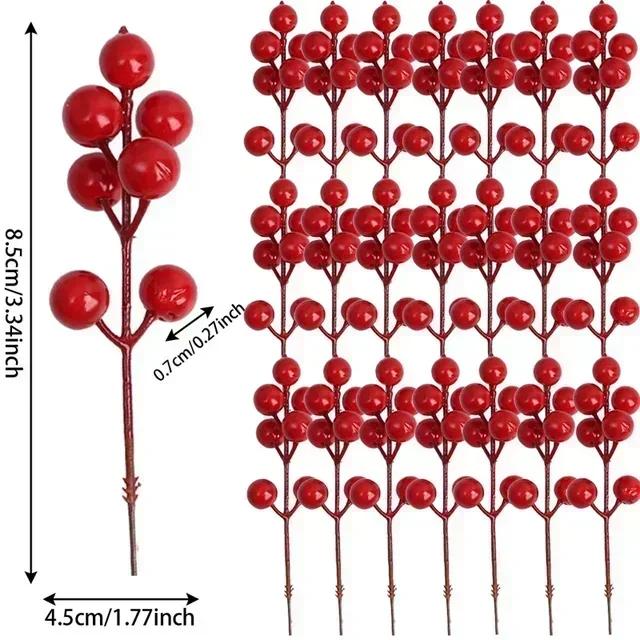 100/10PCS Red Artificial Berries Branch Christmas 7 Heads Holly Berry Stems DIY Craft Wreath New Year Party Xmas Tree Decoration