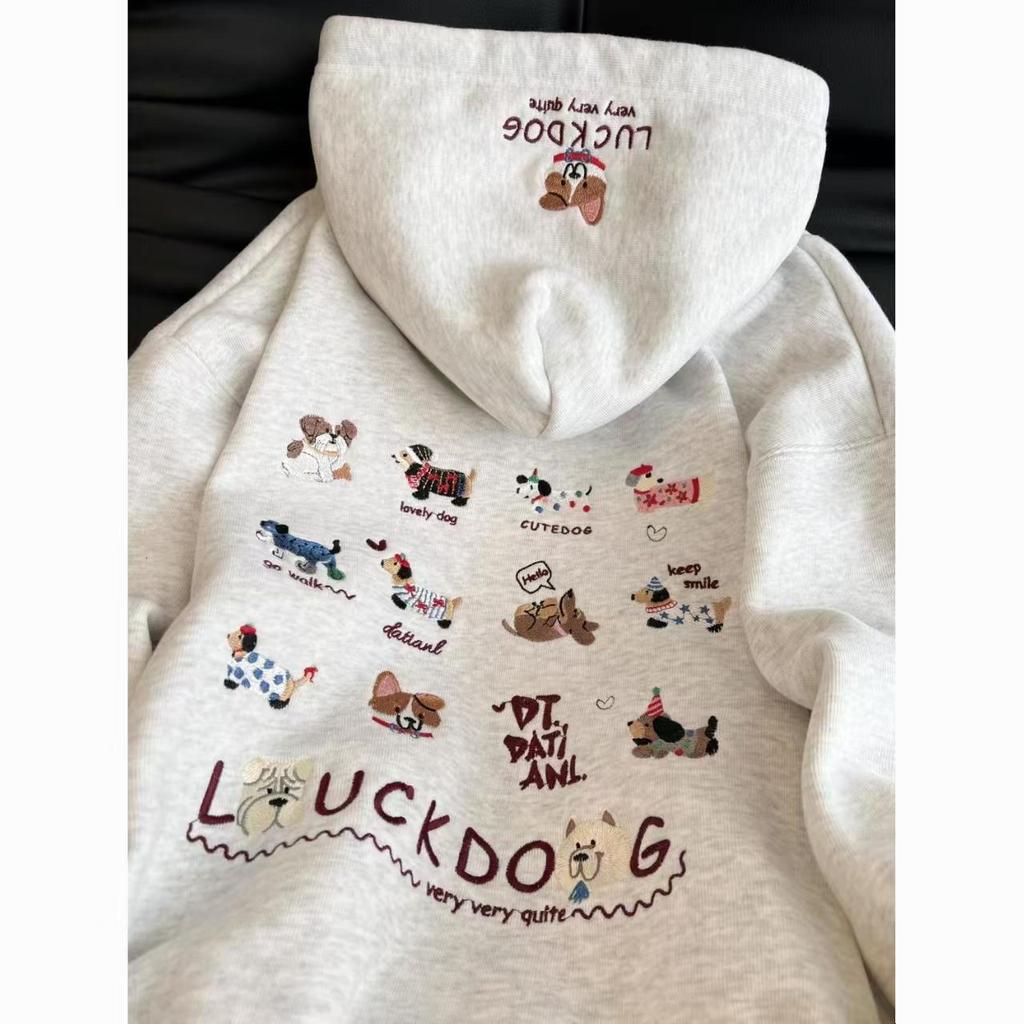 Retro Heavyweight Embroidered Dog Print 3D Cartoon Cute Hooded Casual Versatile Hoodie