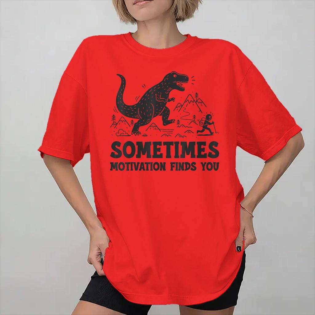 Graphic Printing Sometimes Motivation Finds You Funny Running Dinosaur T Shirt For Unisex Pure Cotton Tee Shirt