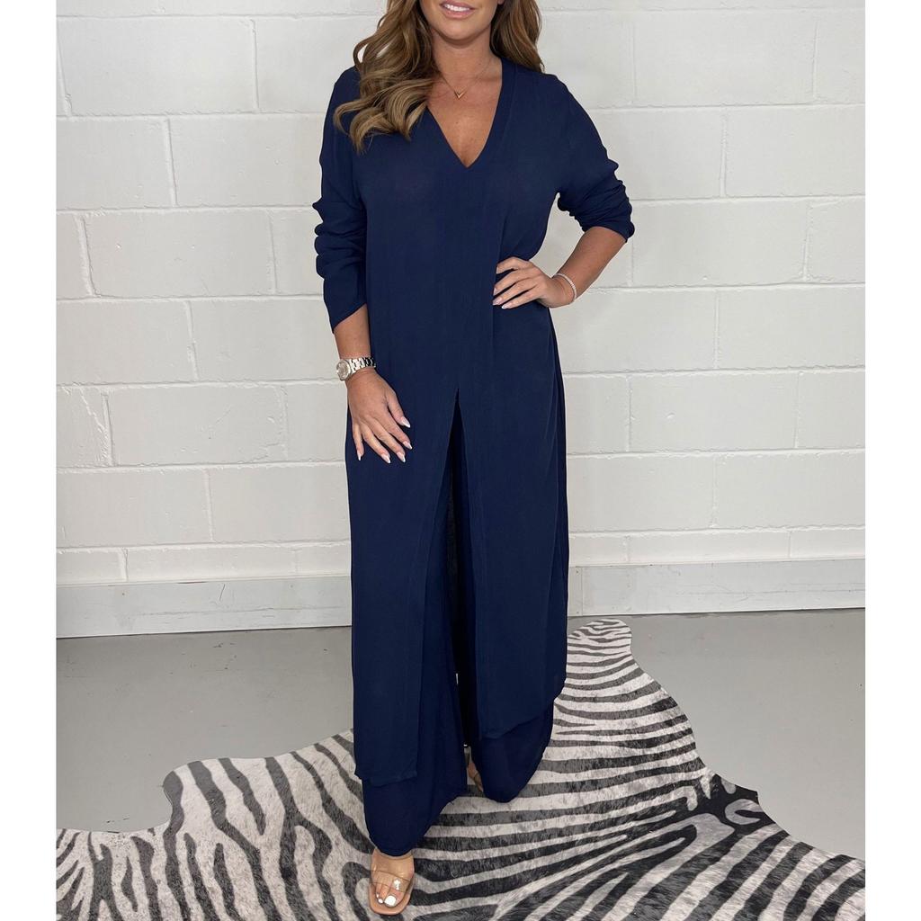 QICED Summer and Autumn Women's Split Long Top and Long Pants Set