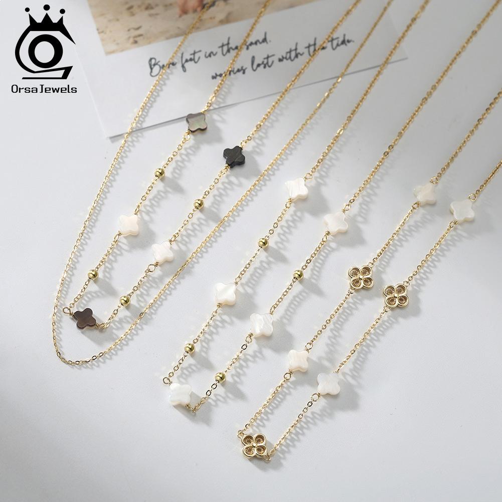 ORSA JEWELS Muschel 4 Vierblättriges Kleeblatt Anhänger Halskette Liebhaber Geburtstagsgeschenk Qualität Doppellagig 925 Silber Schmuck GMN59