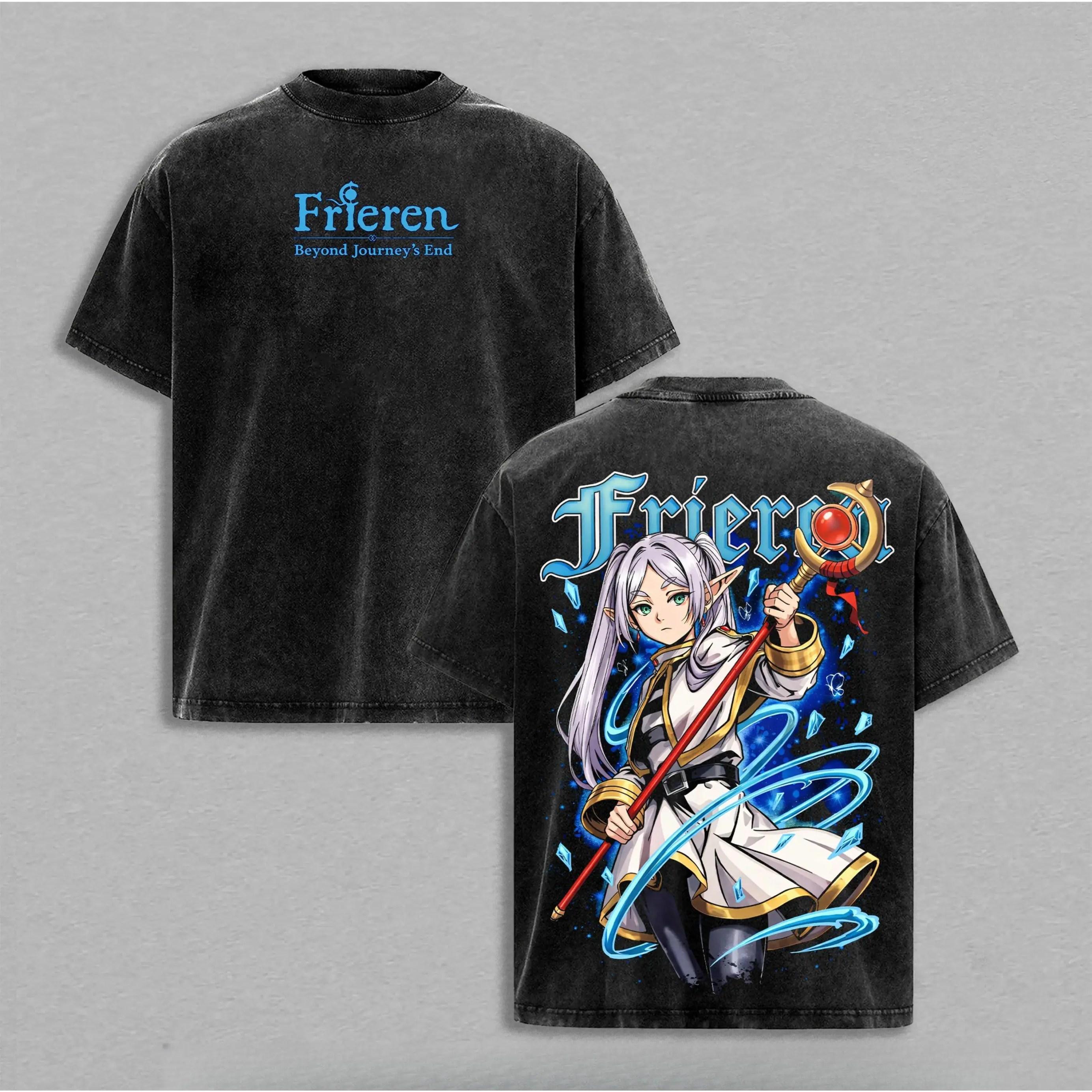 

2026 Anime Frieren Printed T-shirt Men Women Clothing Vintage Y2k Washed Cotton T Shirt Summer Short Sleeve O-Neck Tees Tops S чёрный