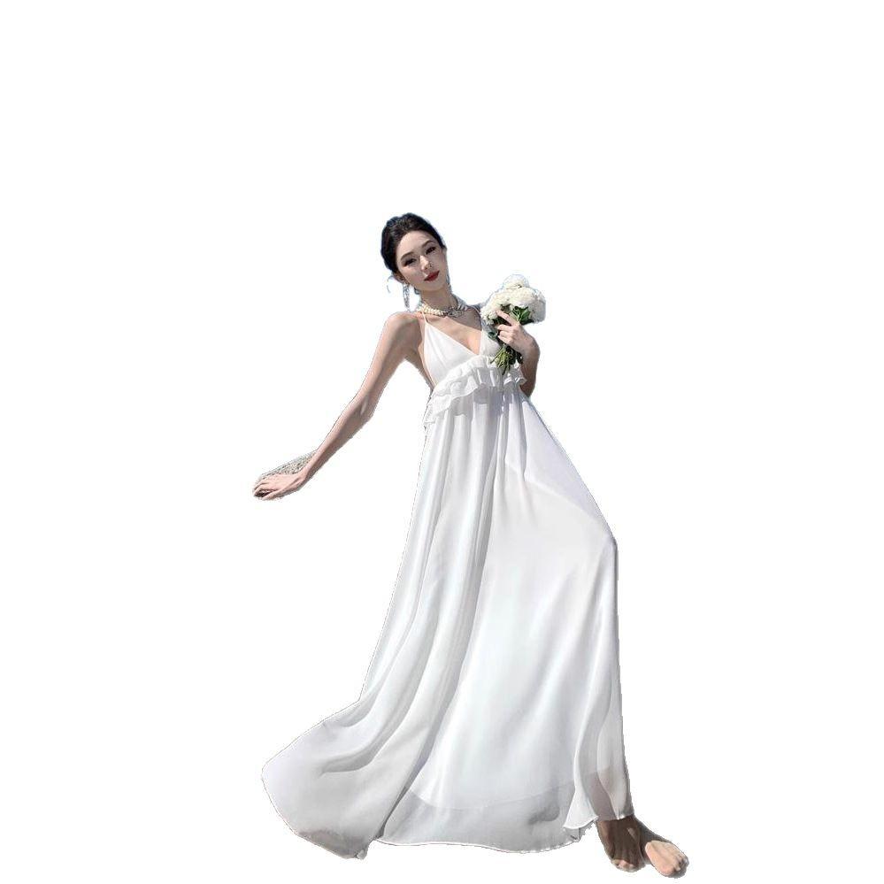 White High-end Ruffle Edge Bridal Morning Gown Banquet Dress Vacation Dress Beach Skirt Women's Seaside Vacation Super Fairy
