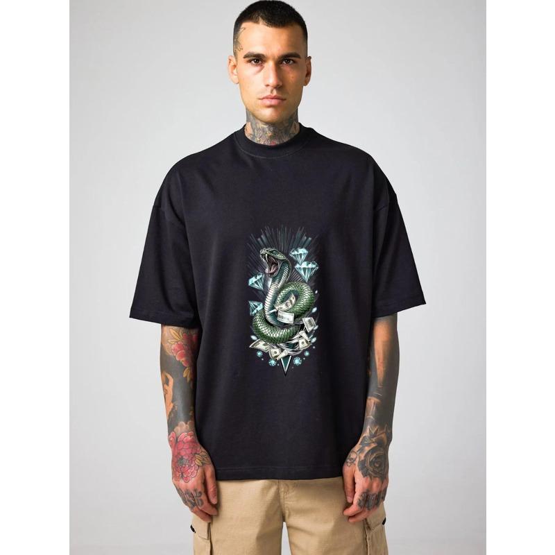 

White T Shirt Snake Diamond Money Print Casual Streetwear Top for Men and Women XXXXL чёрный