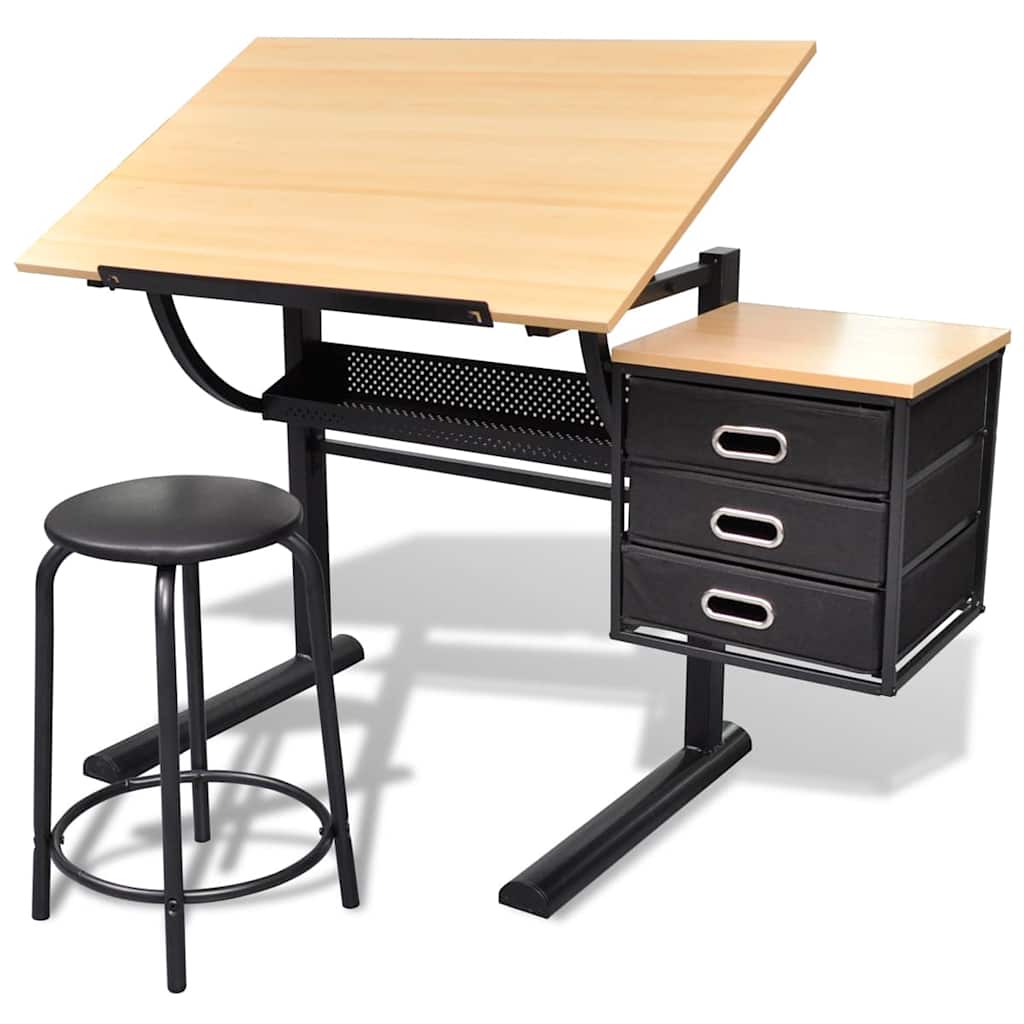 vidaXL Zeichentisch mit neigbarer Tischplatte 3 Schubladen und Hocker braun