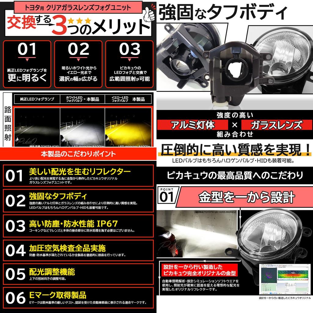 Pikakyu Glass Lens Fog Lamp Unit for Late Model Toyota Converts to Vehicle Inspection 66050 Vehicles, H16, Compliant, E-Mark,