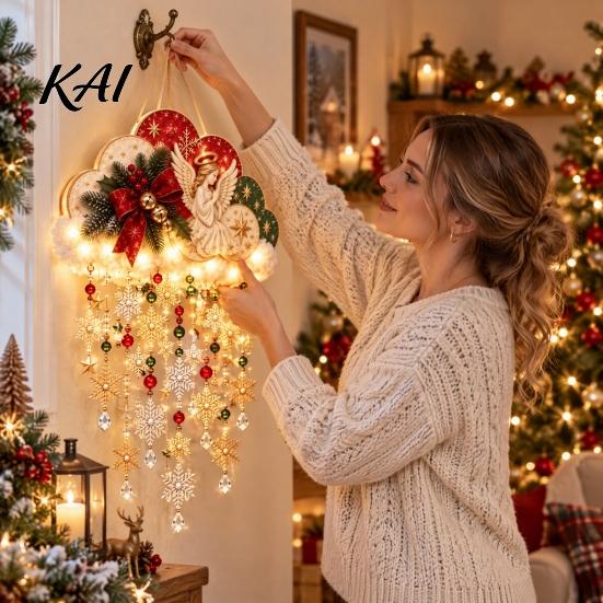 Seasonal Home Decor Vintage Lighted Christmas Snowfall Cloud, Cascading Snowflake Light with Reindeer/Angel, Snow Theme Wall LED Holiday Hanging