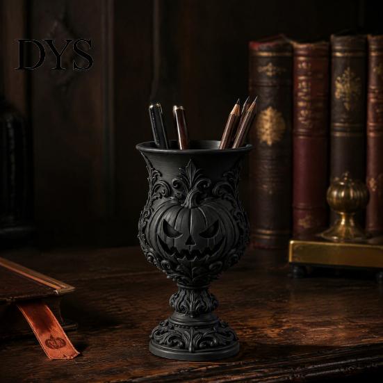 Dark Aesthetic Room Decor 3D Printed Gothic Pumpkin Pen Holder, Retro European Style Relief Stationery Spooky Halloween Table Decoration Organizer,