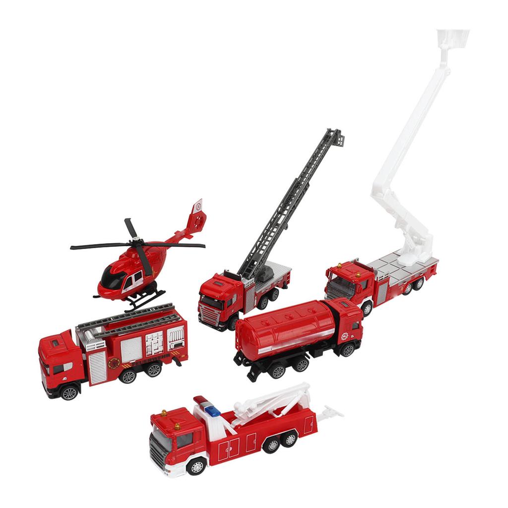 1:50 6pcs Diecast Fire Truck Vehicle Toy Set Pull Back Helicopter Ladder Emergency Vehicle