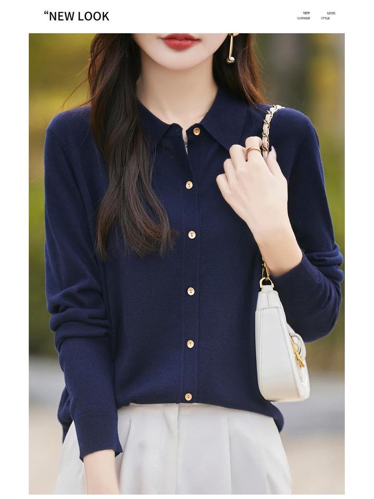 Polo Collar Knitted Cardigan: Slim Fit, Solid Color, Versatile for Spring & Autumn Women's Business Casual Wear