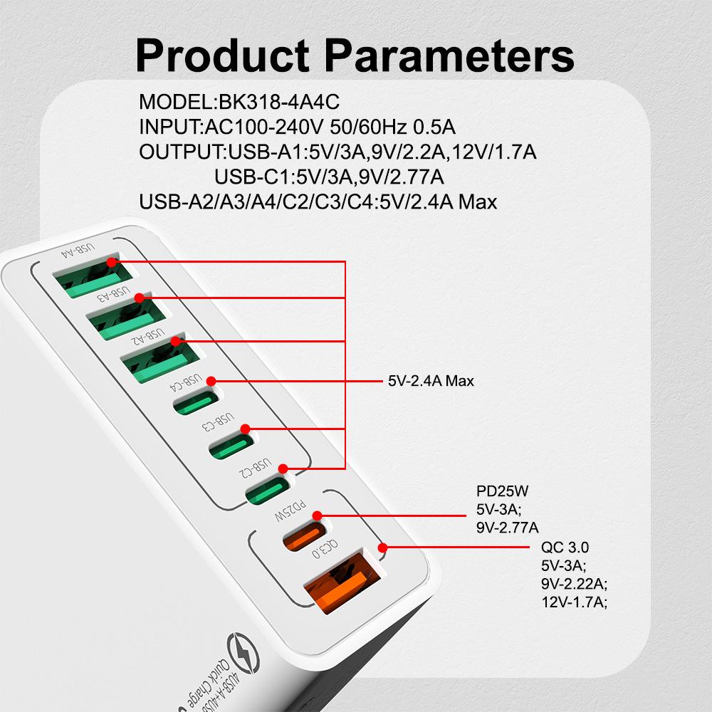Fast 8-Port Charger: 4 USB, 4 PD, 55W, QC3.0 – Compatible with European, American, Korean Standards