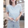 light grey round neck short sleeve hollow out knit top for women
