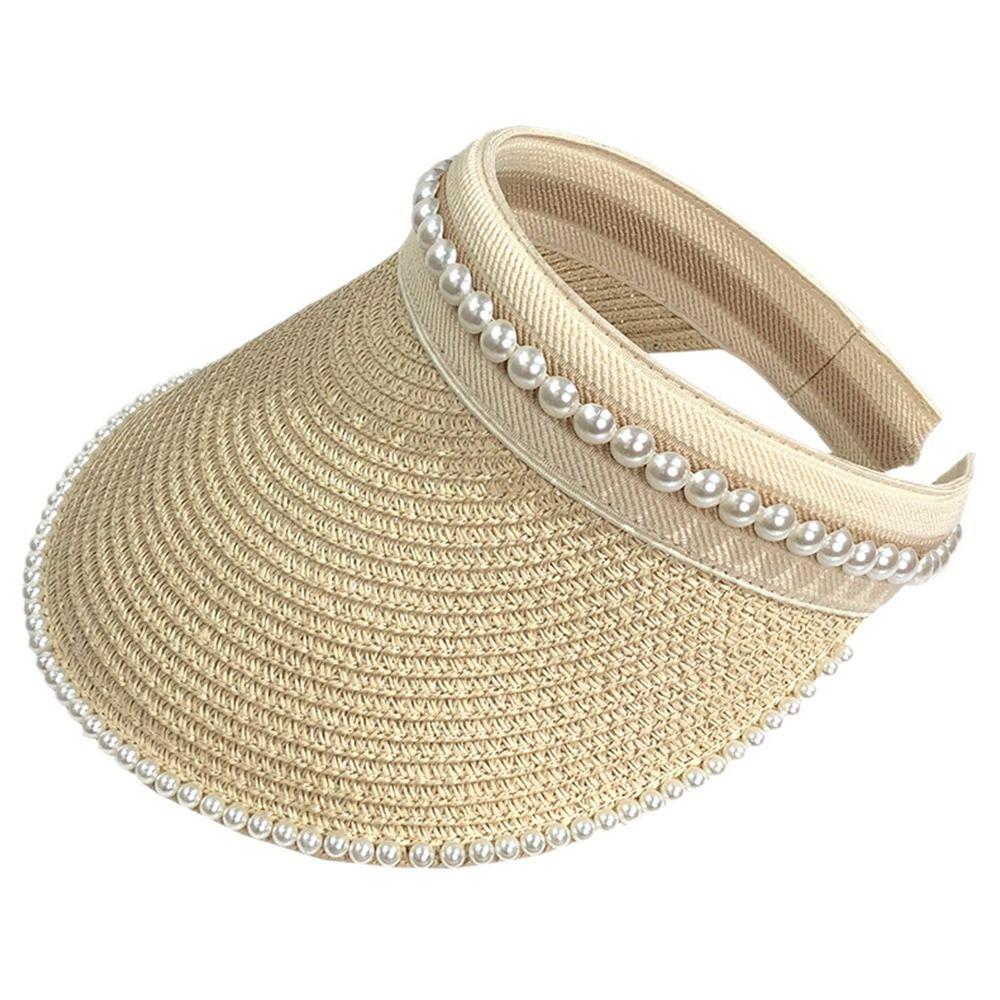 Wide Brim Sun Hat Pearl Decorated Straw Hat Imitation Pearl Beach Hat  UV Protection
