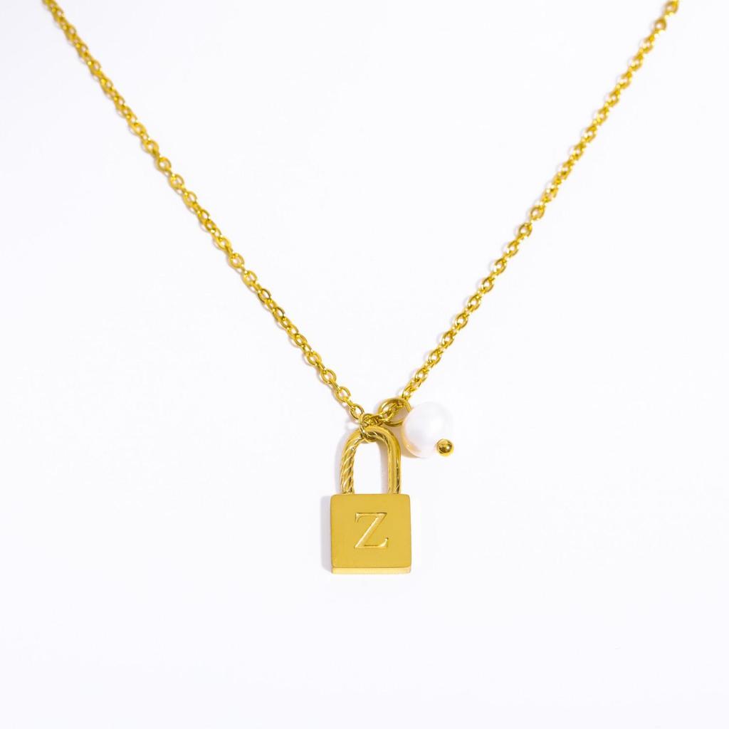 18K Gold Plated Pearl & Stainless Steel Zodiac Lock Pendant Necklace