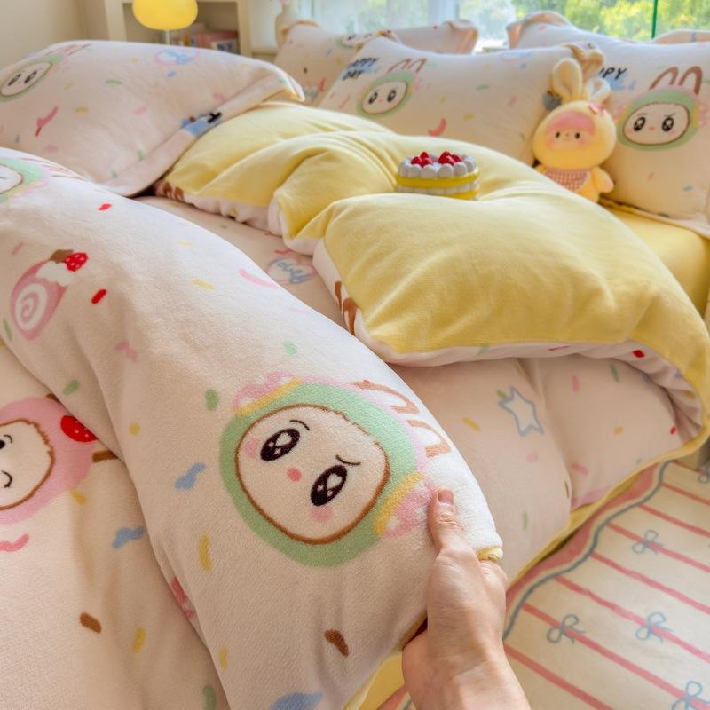 Thickened Milk Fleece Four-Piece Set Double-Sided Fleece Quilt Cover Coral Flannel Bed Sheet Quilt Cover Three-Piece Set Of Bed Hat