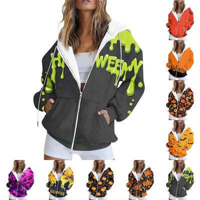 Kadın Günlük Cadılar Bayramı Baskılı Uzun Kollu Sweatshirt Cep Ceket Fermuarlı Kapşonlu Mont