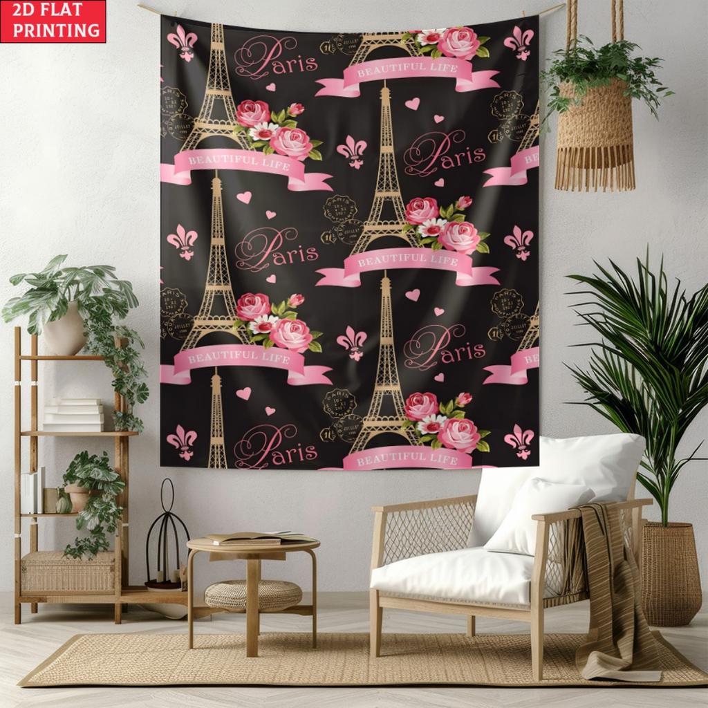 Paris Eiffel Tower Rose Pattern Wall Tapestry Romantic French Style Home Decor 2D Flat Printing