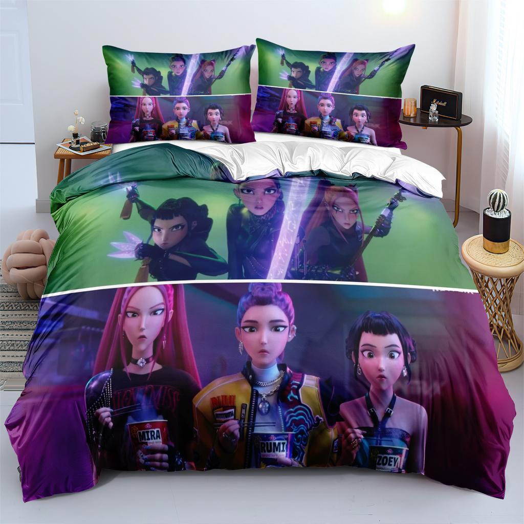 3pcs KPop Demon Hunters Bedding Set Anime Print Boys Girls Three Piece Multi Size Quilt Cover Pillow Cover Bedroom Decoration