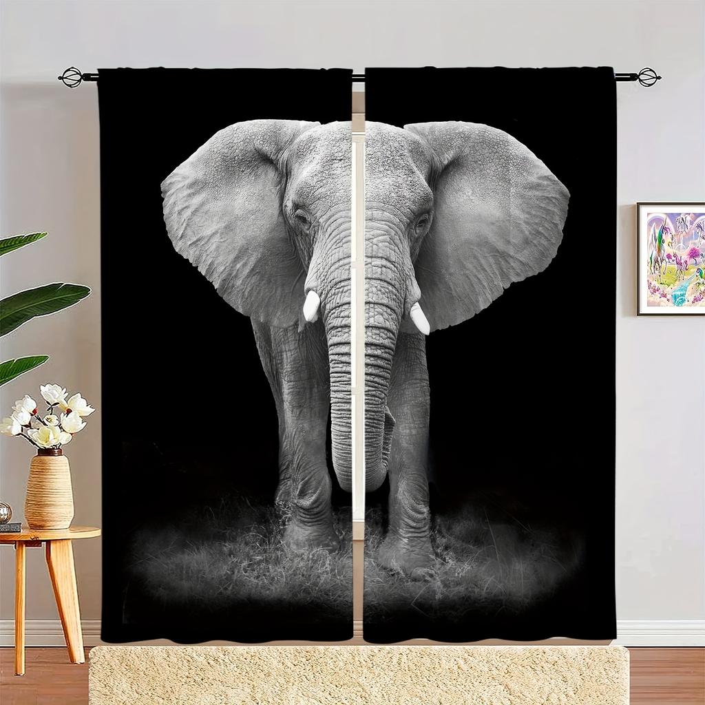 2 Stück Böhmische Vorhänge Fensterdraperien mit Mandala-Blume Elefant Tropische Pflanze Druckmuster Ösenoberteil Vorhang für Schlafzimmer