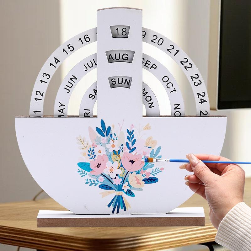 1PC New Day Creative Wooden Perpetual Calendar Desk Calendar Household Parent-child Hand-painted Table Ornament Decorative Calendar Family