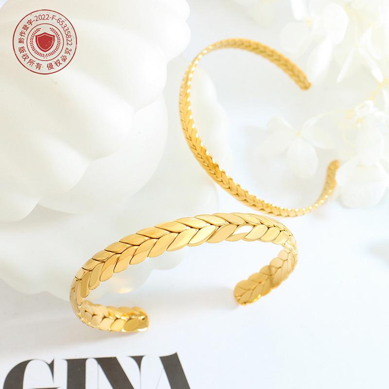 European & American Geometric Adjustable Wheat Ear Bangle and Ring Set for Women – Titanium Steel Jewelry
