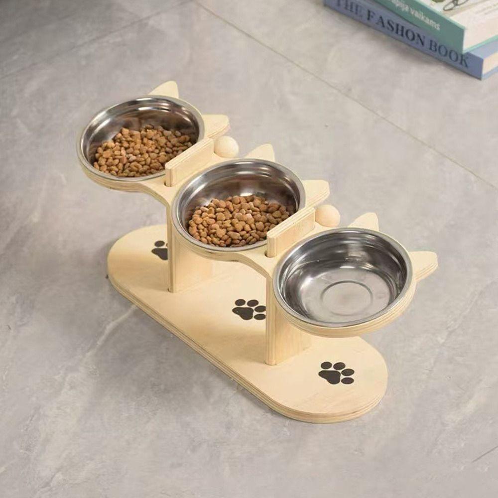 Three Bowl Design High Cat Bowl Lifting Height Stainless Steel Pet Feeding Bowl Protects Neck Spine Food And Water Plate